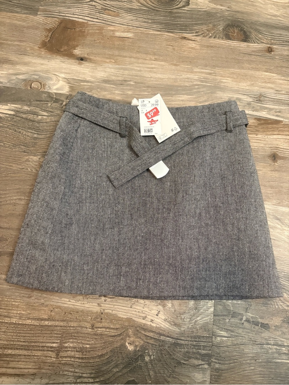 H&M Gray Wool-Blend Mini Skirt with Waist Tie